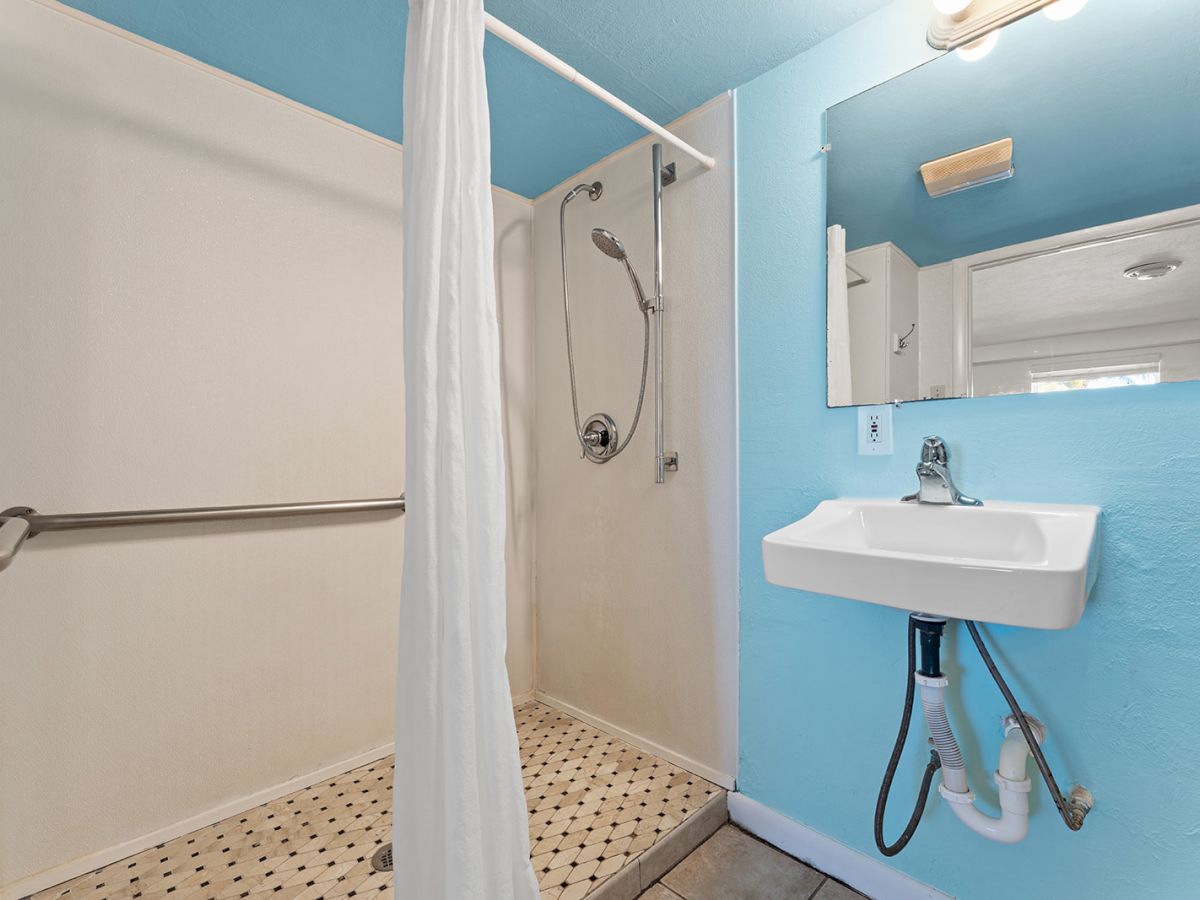 A bathroom with a walk-in shower, curtain, sink, mirror, and blue walls. The shower has a handrail and detachable showerhead.