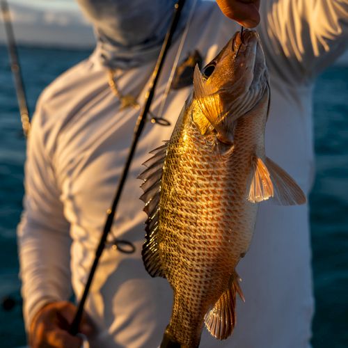 A person holding a fish with one hand while standing on a boat, dressed in fishing gear and sunglasses, near water.