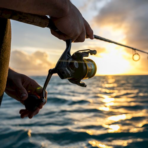 A person is holding a fishing rod over the ocean at sunset, with the sun reflecting on the water.