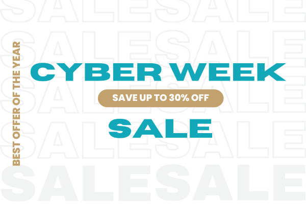 The image features a "Cyber Week Sale" advertisement, promoting savings of up to 30% off, labeled as "Best Offer of the Year."