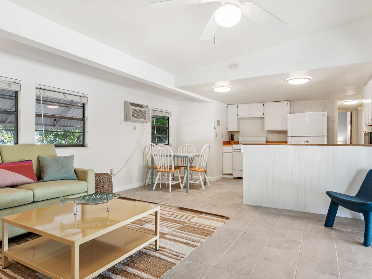 A cozy open-plan living room and kitchen with a sofa, coffee table, dining set, and modern appliances. Bright, airy atmosphere.