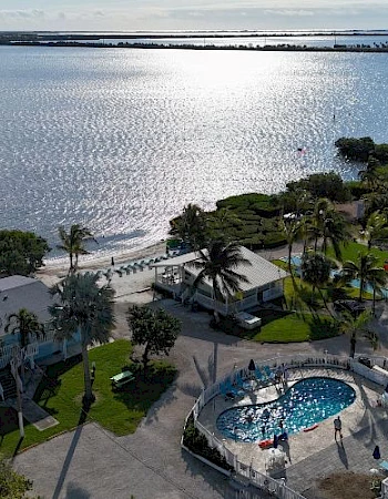 Aerial view of a coastal area with houses, a pool, palm trees, and a wide body of water reflecting sunlight in the background.