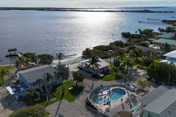 A coastal area with houses, palm trees, a pool, and a view of the water, capturing a serene and scenic atmosphere with sunlight reflecting.